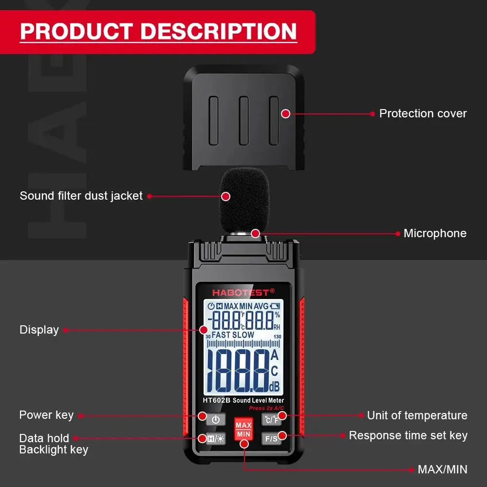 HABOTEST HT602A Sound Level Meter Digital Handheld DB Meter HT602B Noise Audio Level Meter 30-130dB Decibels Mini Sound Meter
