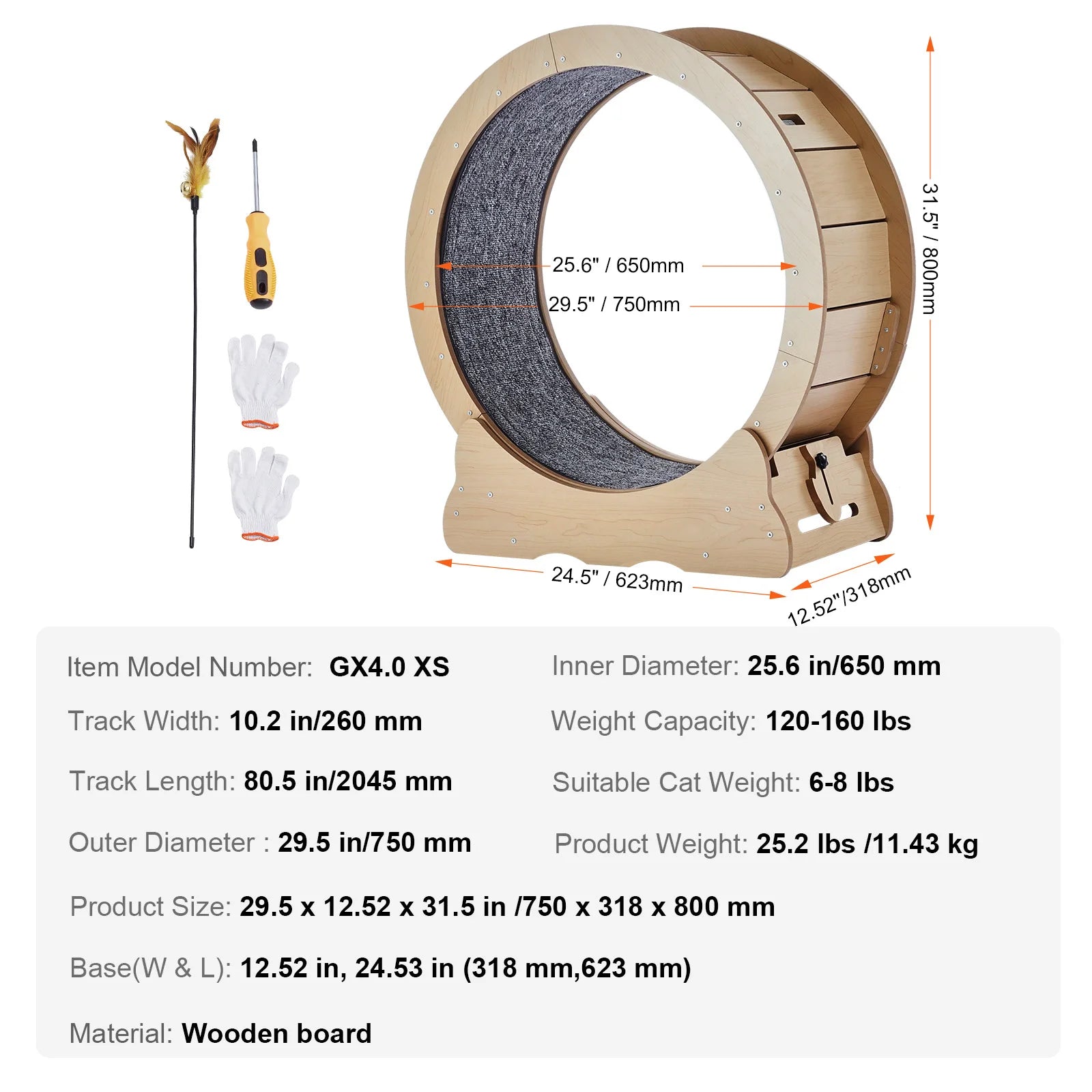 Wooden Cat Exercise Wheel with Detachable Carpet and Cat Teaser