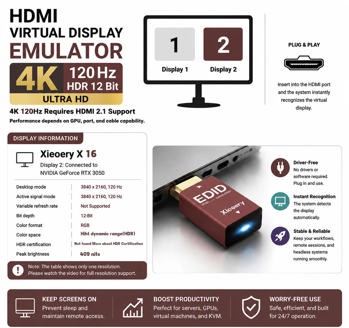 X-16 HDMI EDID Emulator for Headless PCs