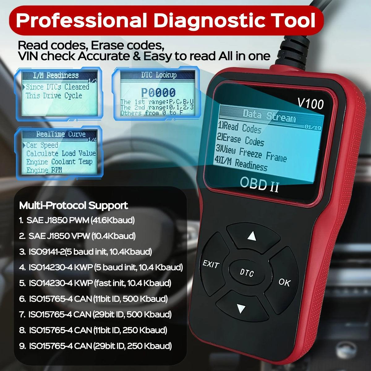 V100 OBDII/EOBD-ajoneuvon vikakoodinlukija