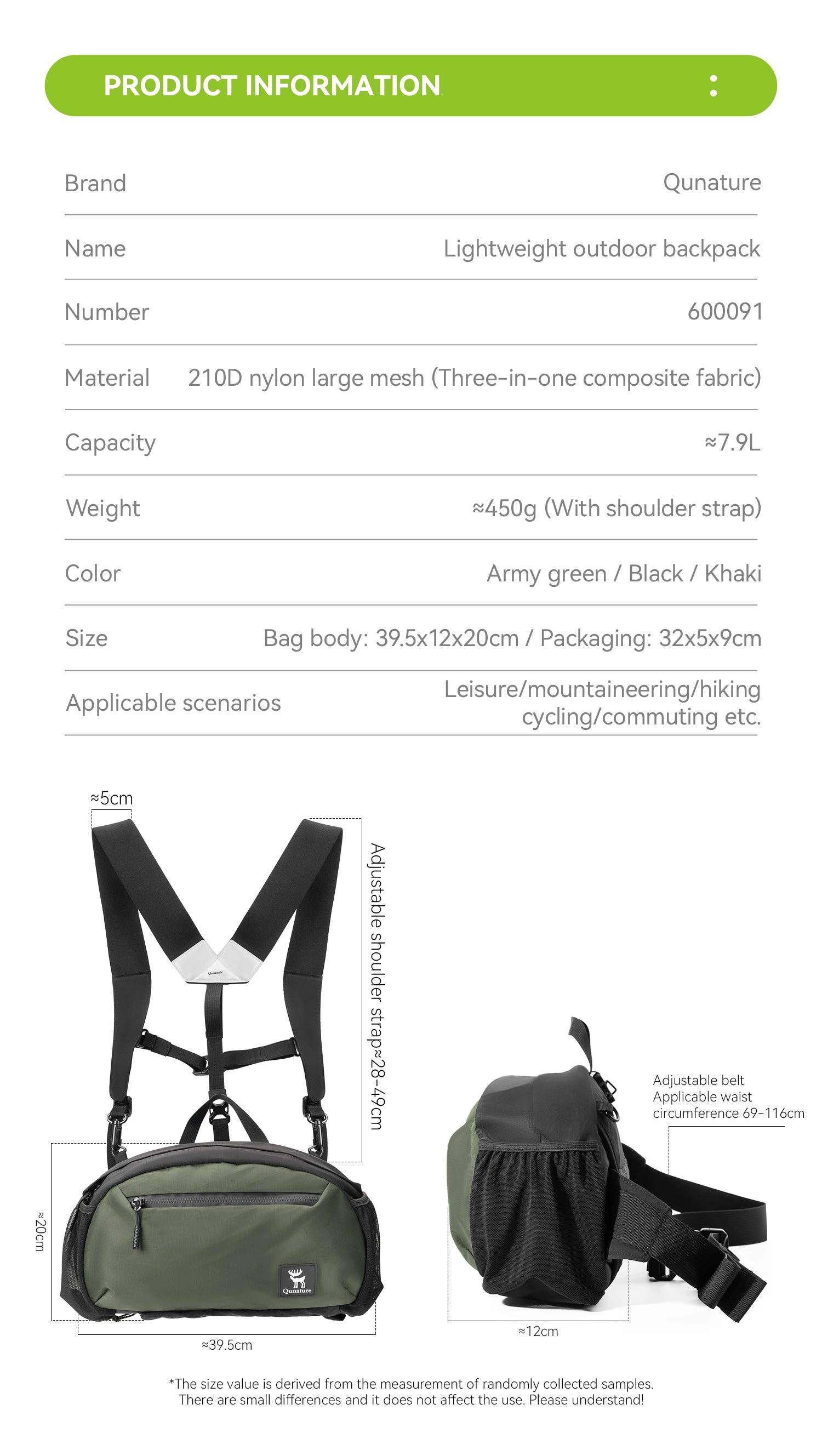 7.9L Lightweight Hiking Backpack with Detachable Strap