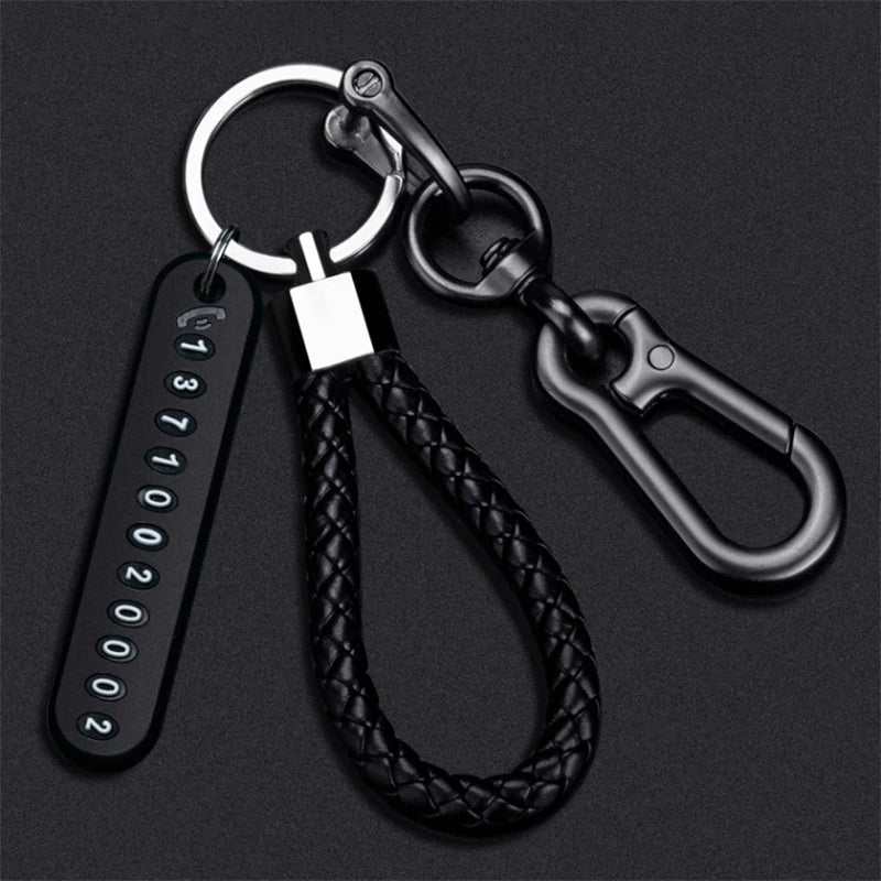 SEAMETAL Luxury Car Key Ring with Phone Number Plate Anti Lost Key Chain Alloy Hook Buckle Universal Keychain with Braided Rope
