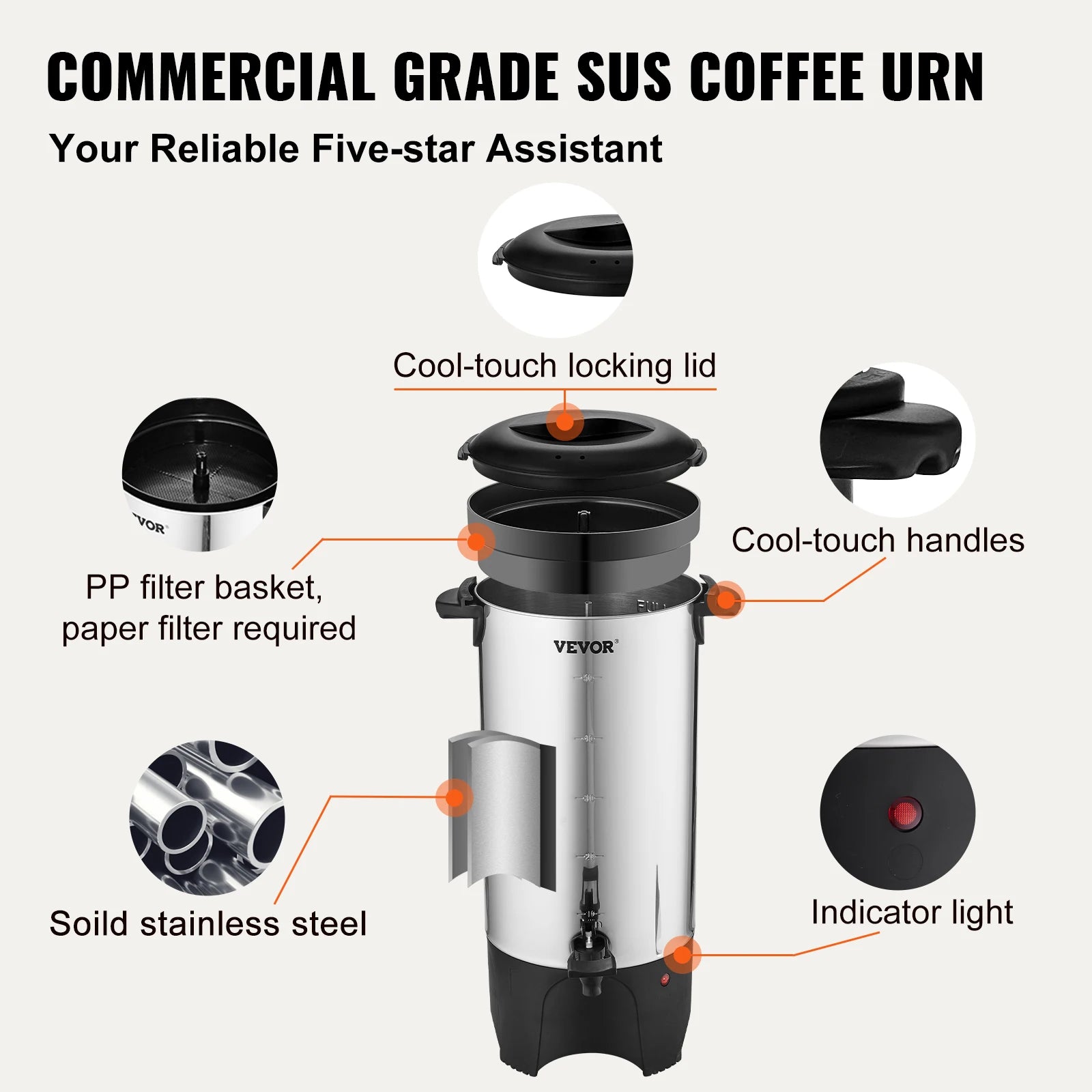 50-Cup Commercial Coffee Urn Stainless Steel Electric Coffee Maker