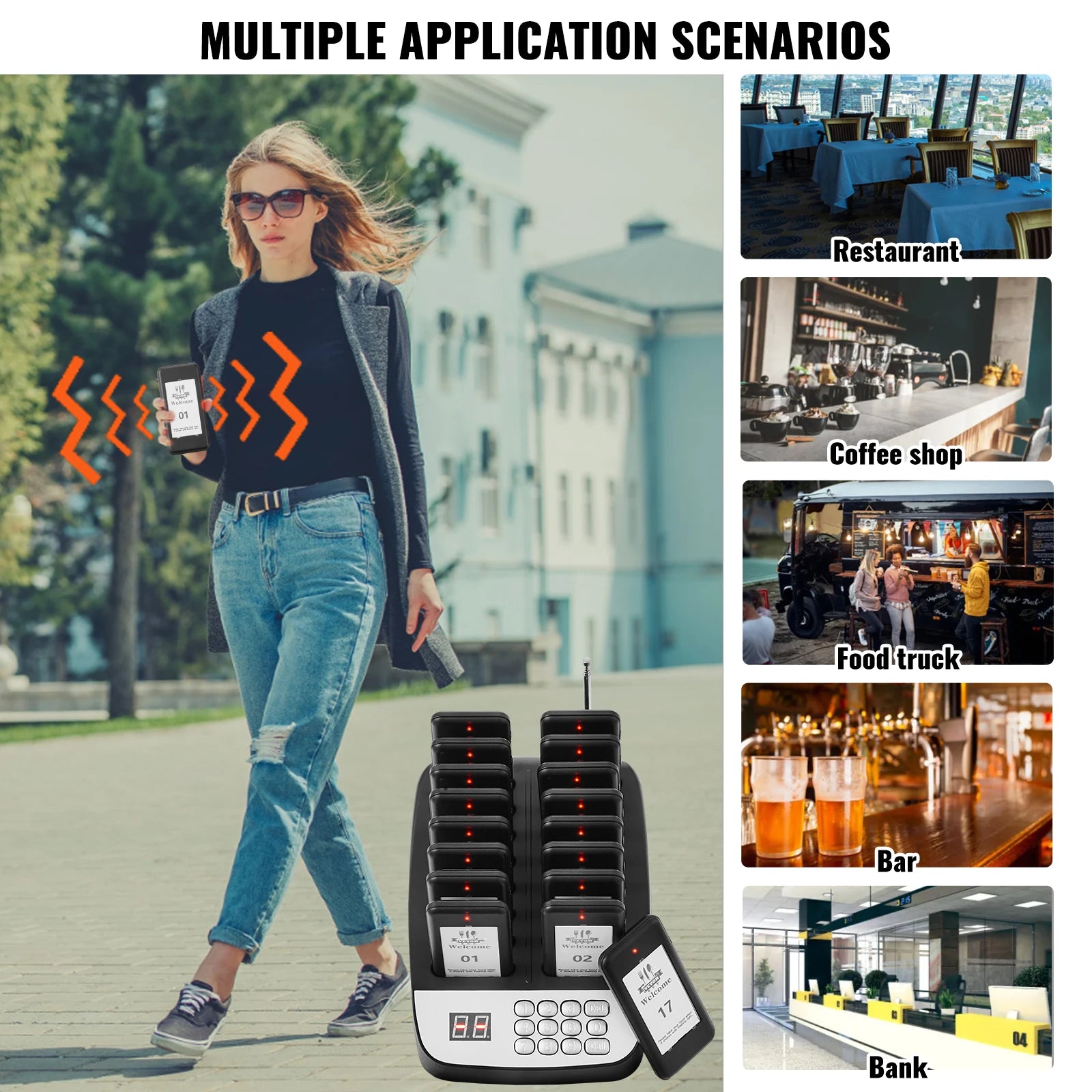Wireless Restaurant Pager System with 16 Guest Beepers 500m Range