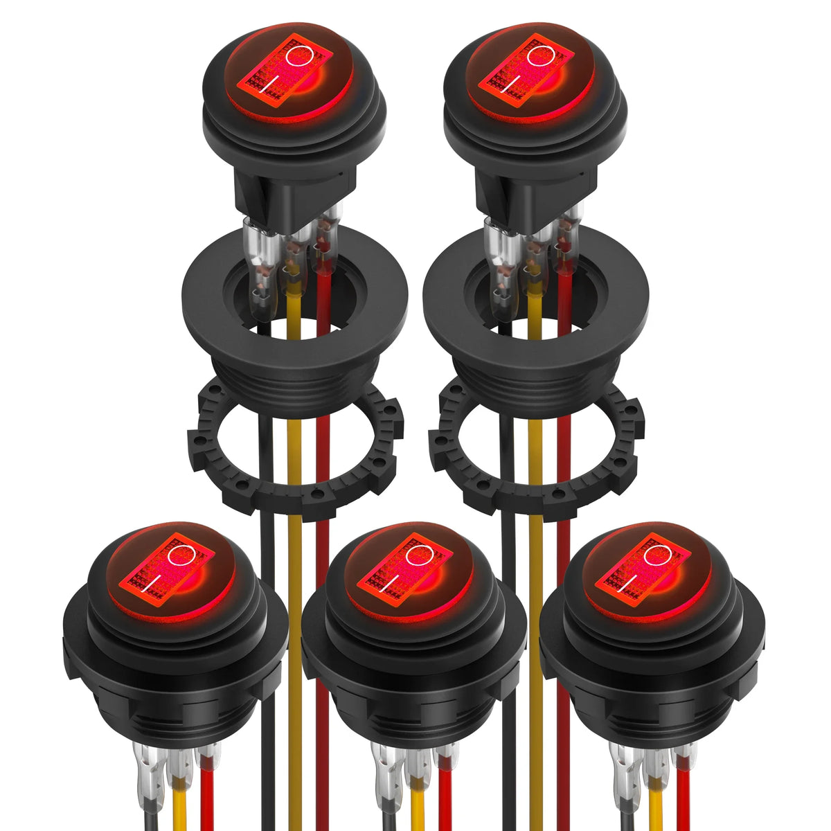 12V Illuminated Round Rocker Switches, 5 Pieces