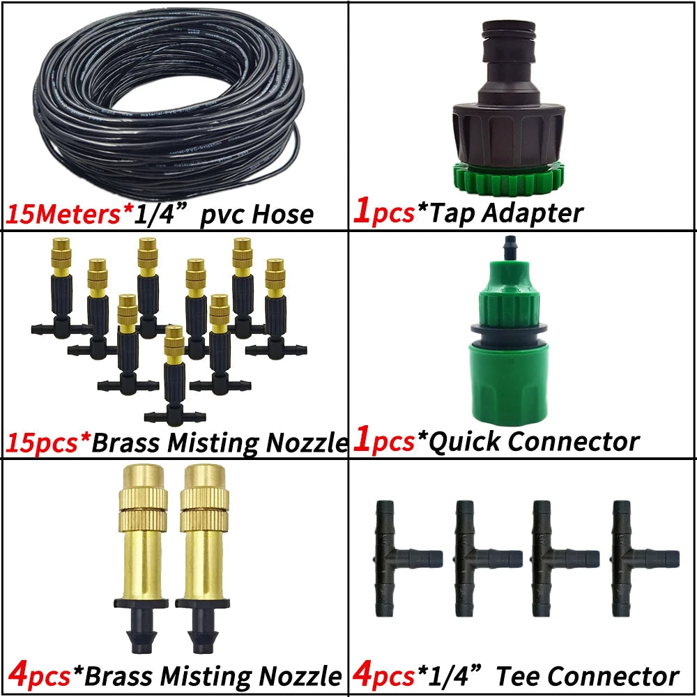 15M-30M Outdoor Misting Cooling System Garden Irrigation Watering 1/4'' Brass Atomizer Nozzles 4/7mm Hose for Patio Greenhouse