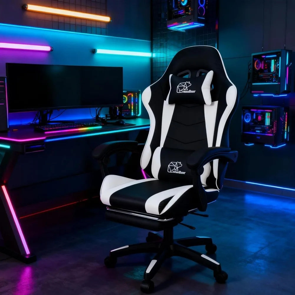 Ergonomische gamestoel met voetensteun en verstelbare rugleuning, in hoogte verstelbaar