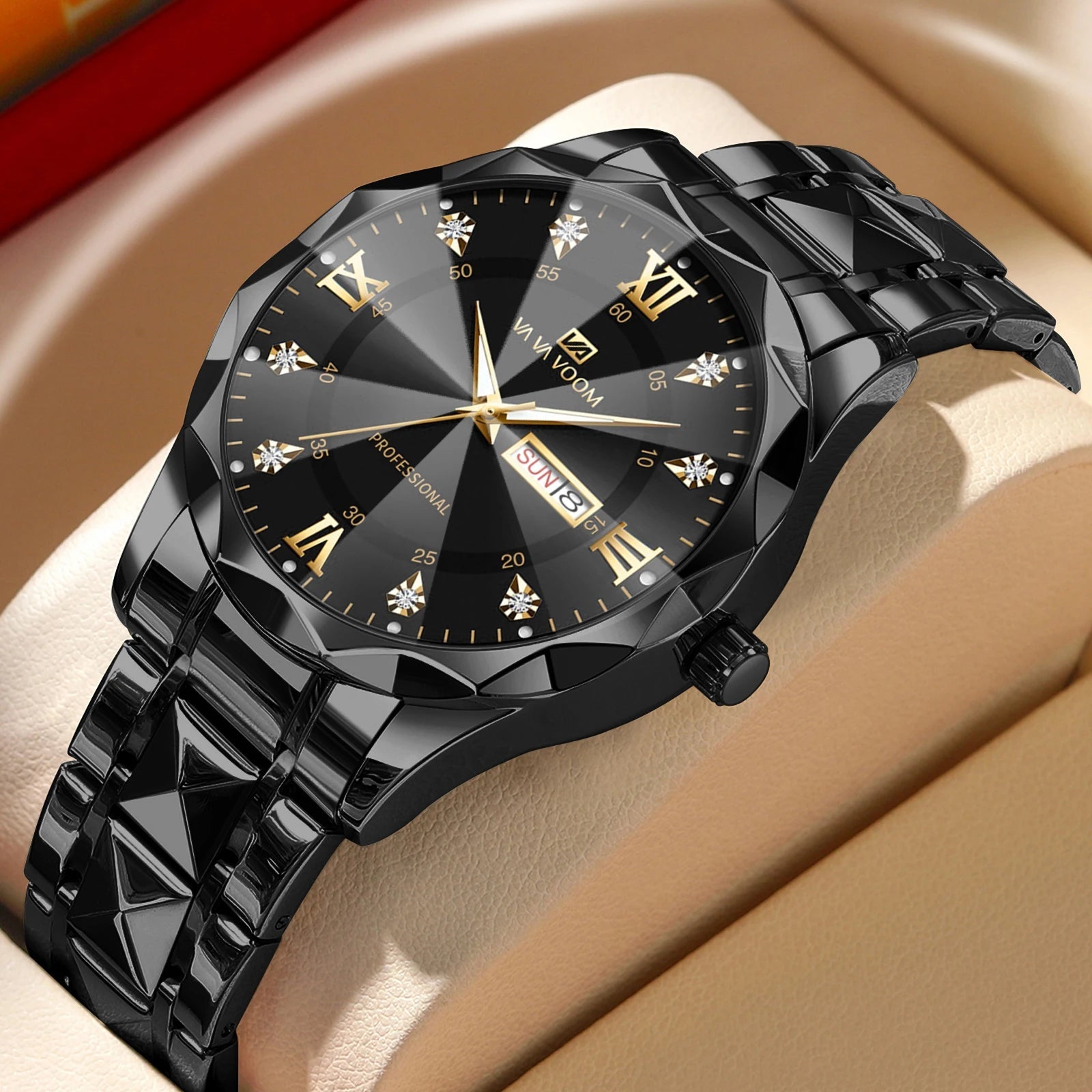 2024 New Men's Watch Fashion Rivet Stainless Steel Strap Luxury Water Diamond Diamond Luminous Blue Gold Dial Business Men Watch