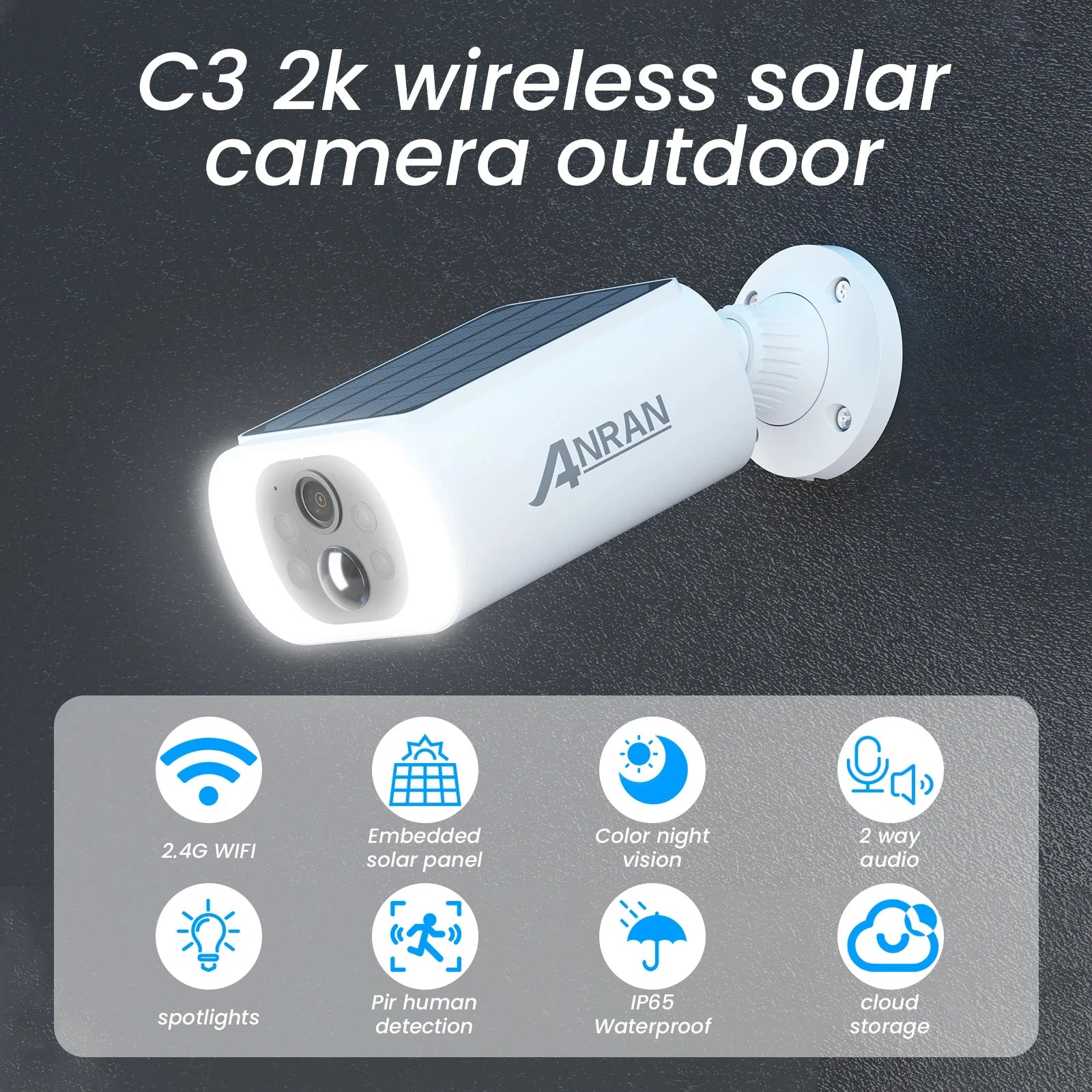 ANRAN 2K Wireless Solar Camera Outdoor Surveillance Integrated Battery Wifi Camera Humanoid Detection Flash Alarm Night Vision