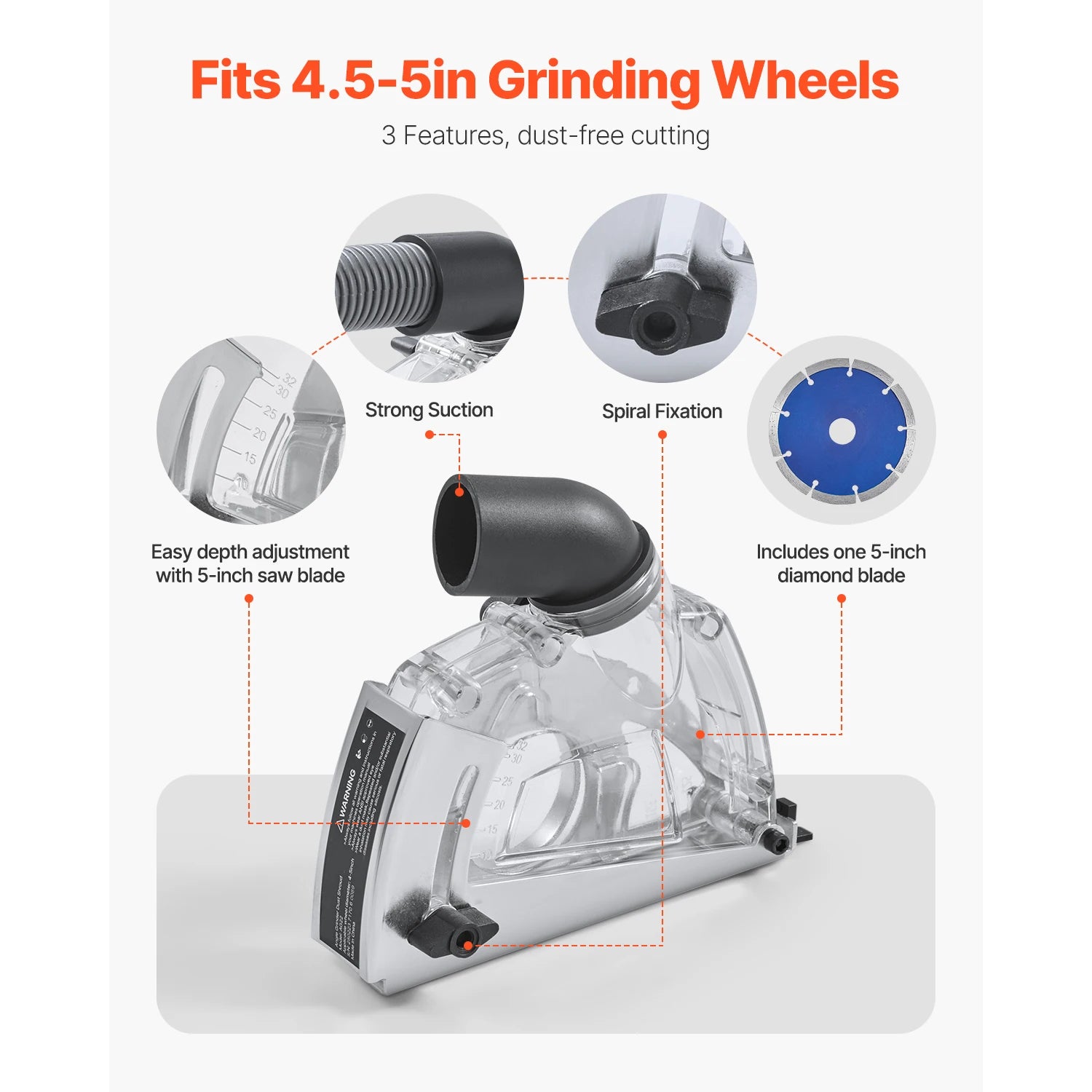 Angle Grinder Dust Shroud 4-5" with Adjustable Depth & Vacuum Port