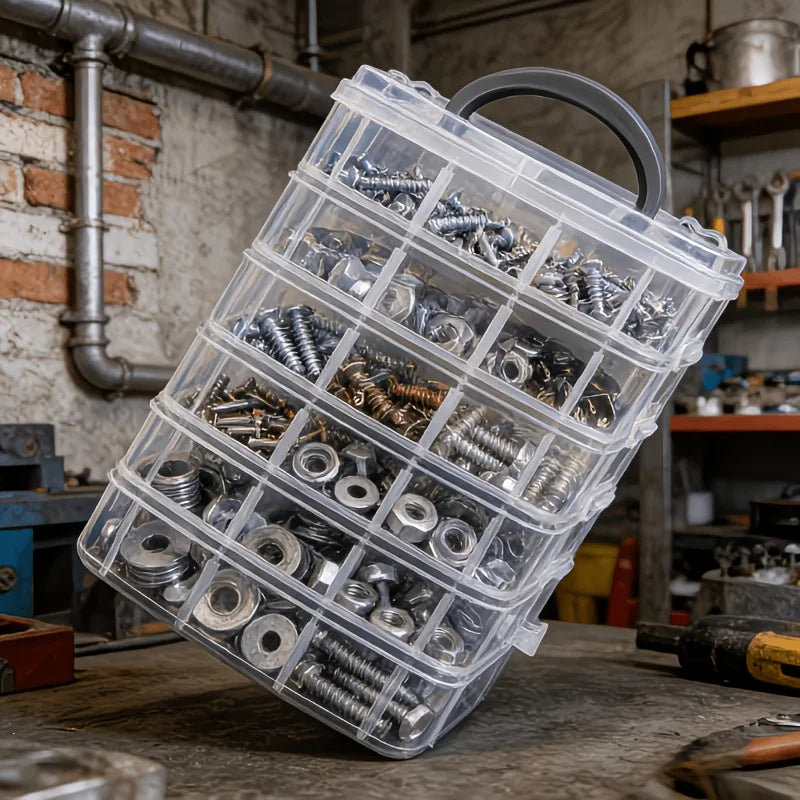 Set van transparante opbergdozen voor kleine onderdelen met zes compartimenten