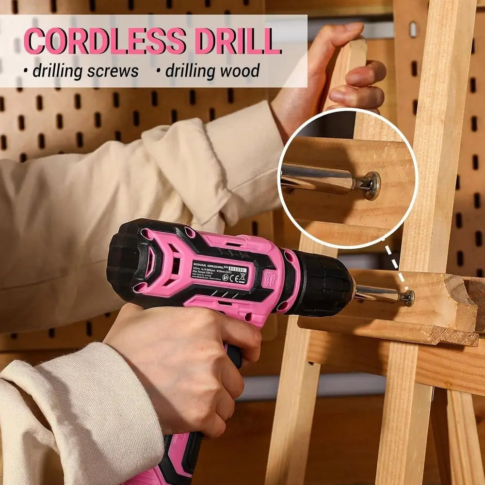 12V Cordless Pink Drill Set with 1.5Ah Battery and Tool Kit