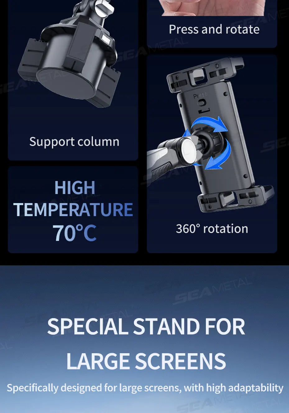 SEAMETAL Car Phone Mount on Cup Holder 6.5-9.5CM Adjustable Base Tablet/Phone Holder 360-Degree Flexible Rotation Phone Stand