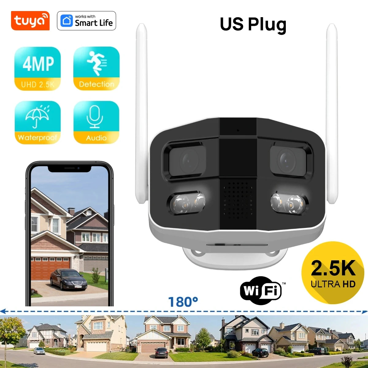 180° Dual Lens Outdoor Security Camera 4MP with Night Vision