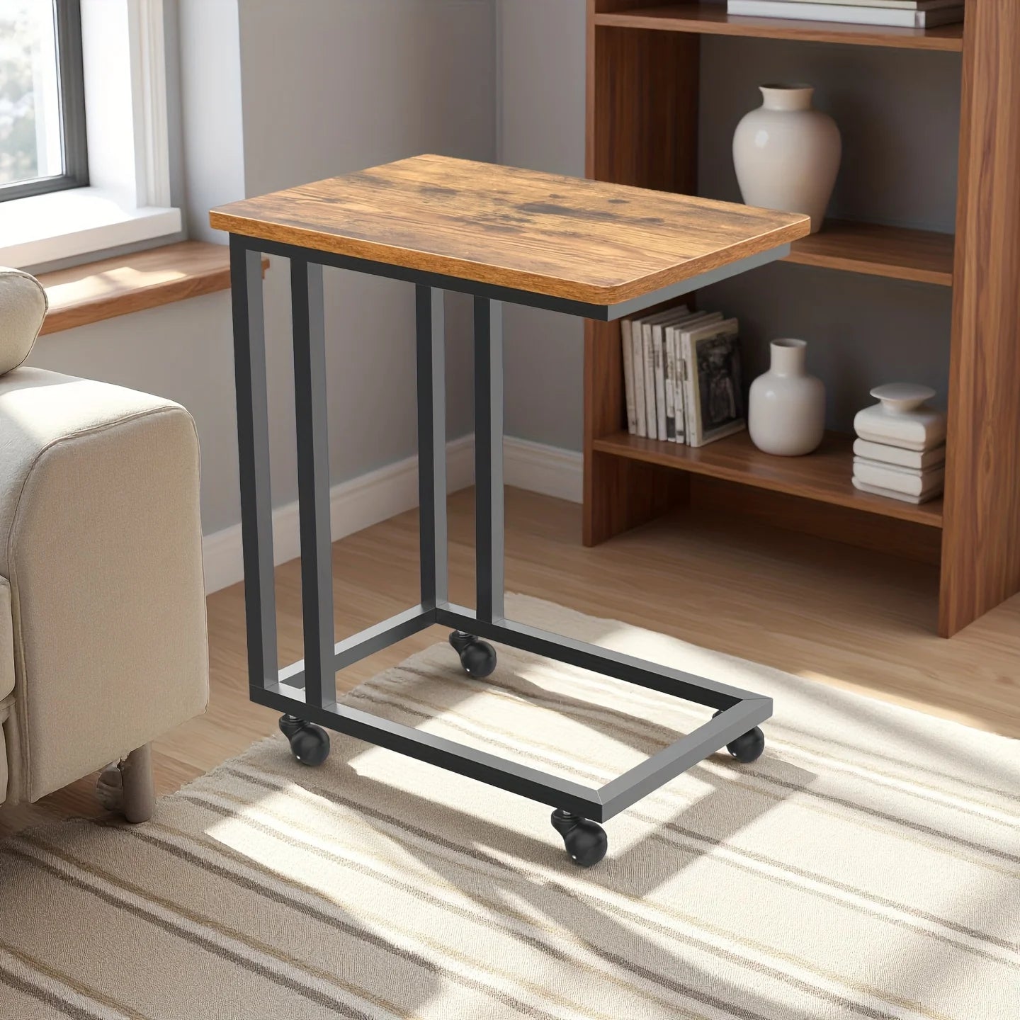 Rolling Overbed Sofa Table with Wheels Metal Frame C-Shape Desk