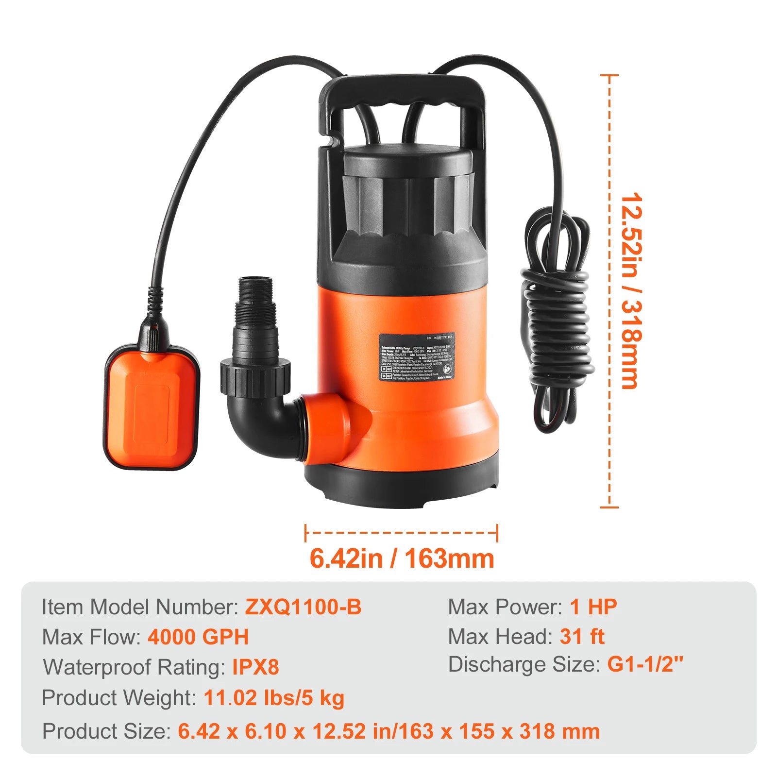 Utility Pump 1585/2510/4000 GPH Submersible Water Pump with 10 ft Power Cord