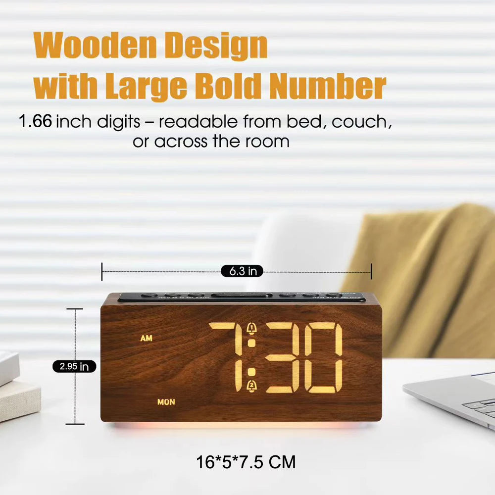 Modern Minimalist Digital LED Wooden Alarm Clock - Adjustable Brightness Nightlight & Snooze Function for Bedroom Decor