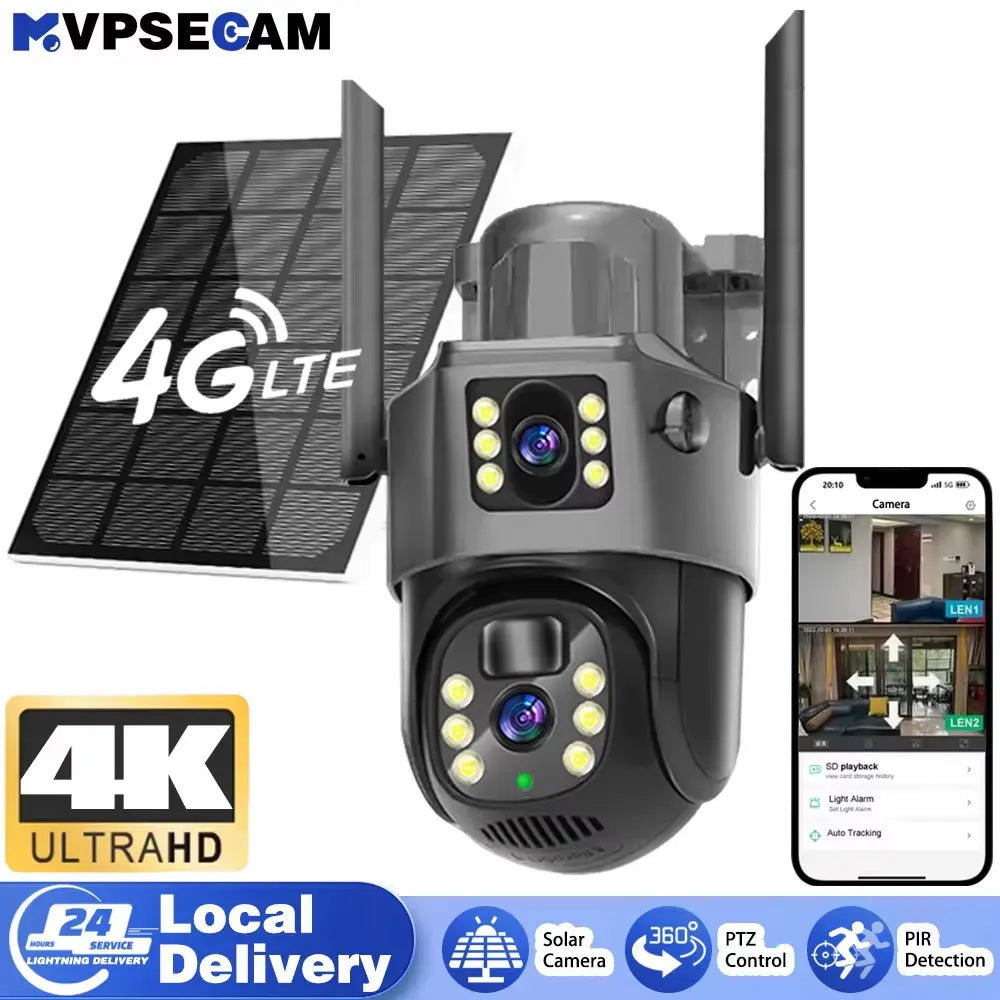 4G Solar Dual Lens Outdoor Security Camera 8MP 4K PIR Human Detection