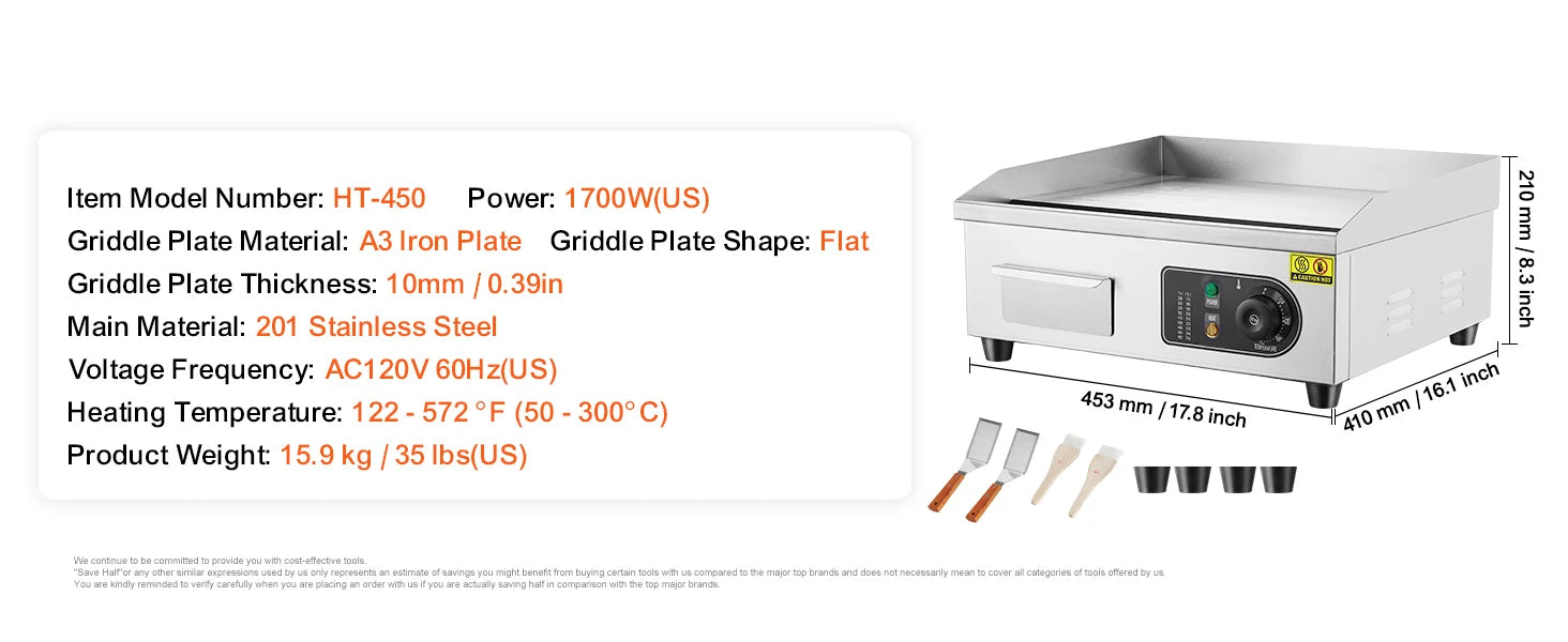 Commercial Electric Griddle 122–572°F Flat Top Countertop Grill