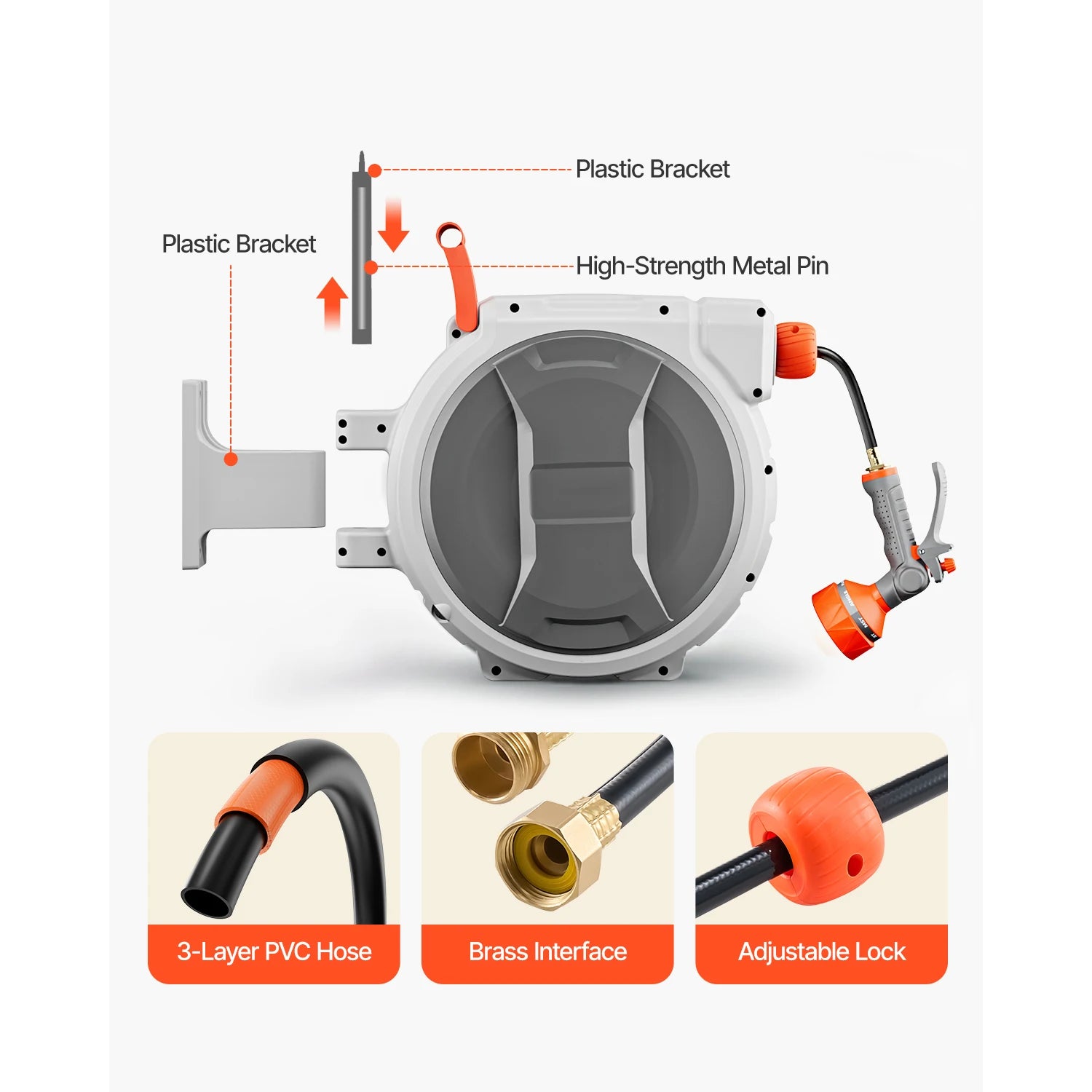 SucceBuy Retractable Garden Hose Reel - nástěnný navíjecí naviják na hadici do zahrady, těžký, s 9-pattern tryskem, otočný 180°, držák se otáčí.