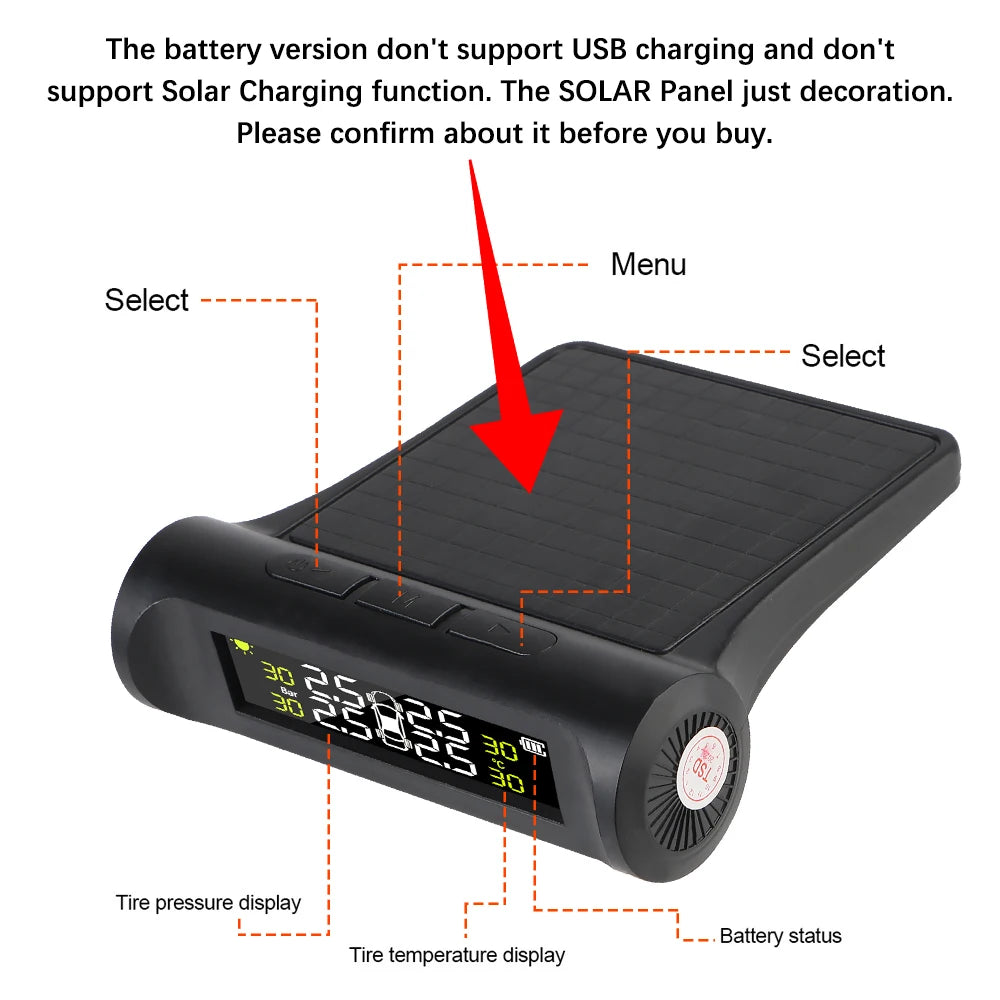 Solar TPMS Tire Pressure Monitoring System with External Sensors