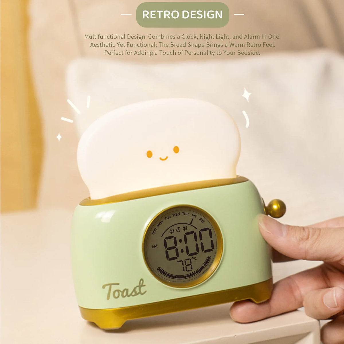 Ceas deșteptător în stil toaster, cu lumină de veghe cu intensitate reglabilă