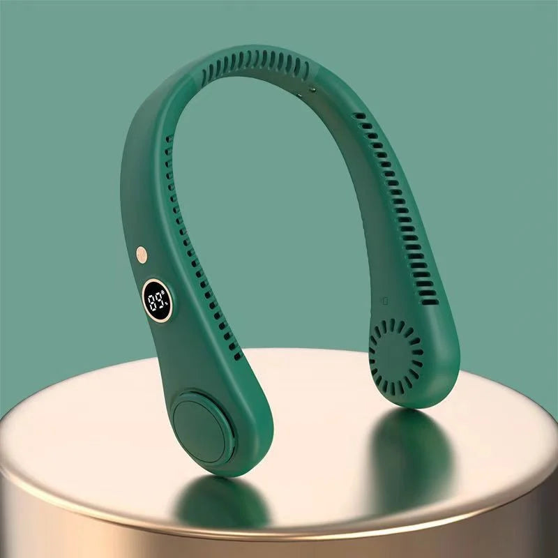 Ventoinha elétrica recarregável com ecrã digital para pendurar ao pescoço, design sem pás, ventoinha de pescoço sem pás, recarregável por USB
