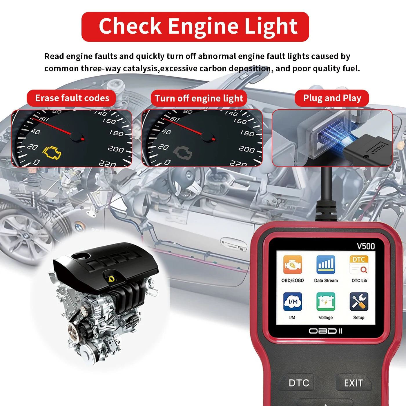 Car OBD2 Scanner Diagnostic Tool Code Reader, Car Voltage Tester Engine Fault Code Scanner, Charging Tester Diagnostic Tool V500