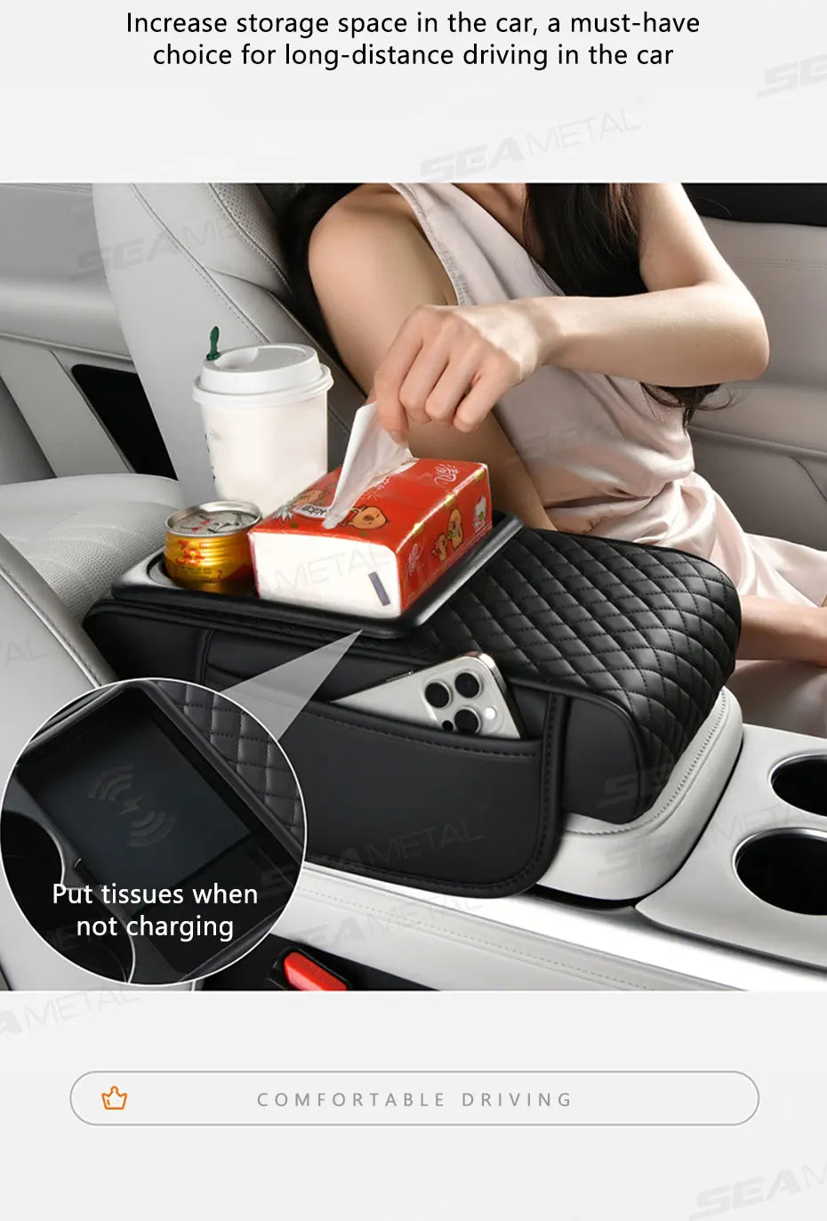 SEAMETAL 15W Wireless Charging Arm Rest Cushion for Car 7.5cm Thicken Center Console Extension Cushion Universal Elbow Support