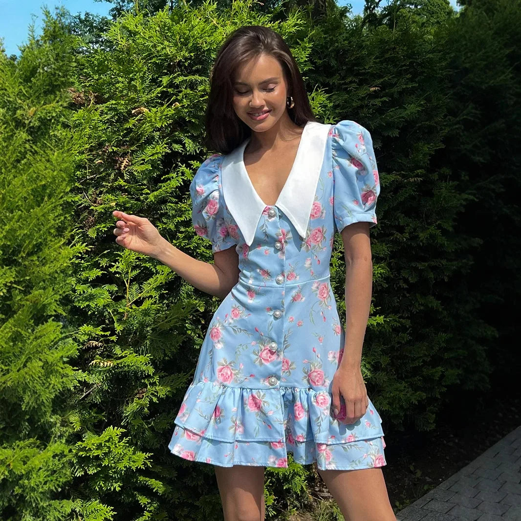 Tornova Print Puff Sleeves Ruffled Dress Women's V-Neck High Waist Pearl Buttons Mini Dress Female Casual Vacation Fashion Dress