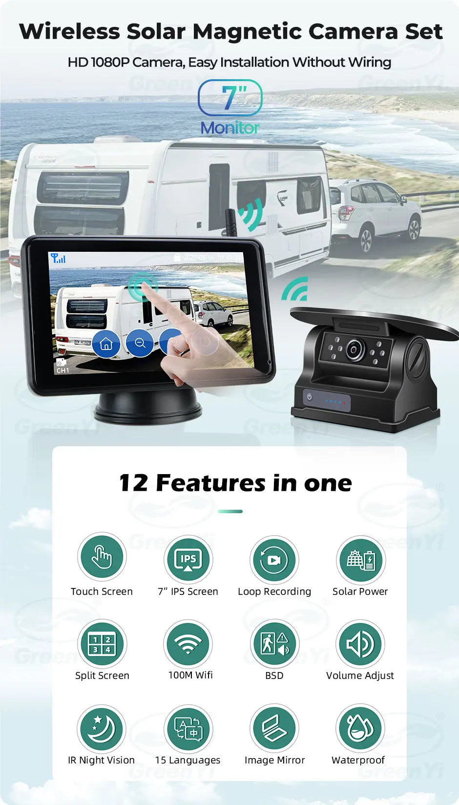 7'' Magnetic Solar Charging Wireless DVR Camera with 1080P Touch Monitor BSD Blind Spot Alarm, for Truck/RV/Trailer/Forklift