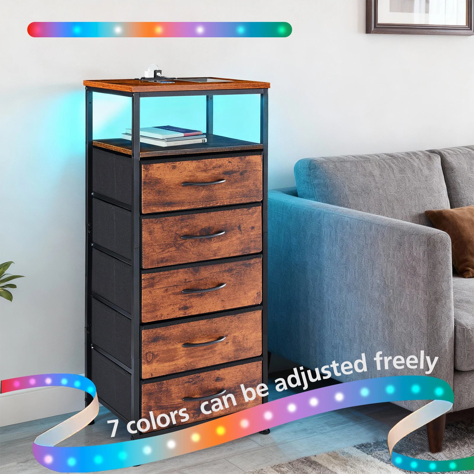 Comodino a 5 cassetti con stazione di ricarica USB e luce LED