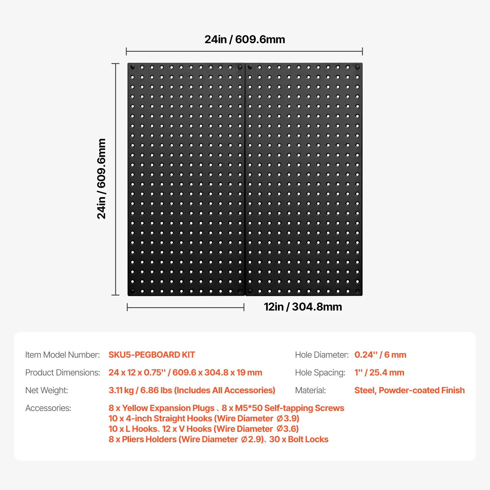 24x12 Metal Pegboard Wall Organizer Panels with Hooks Set