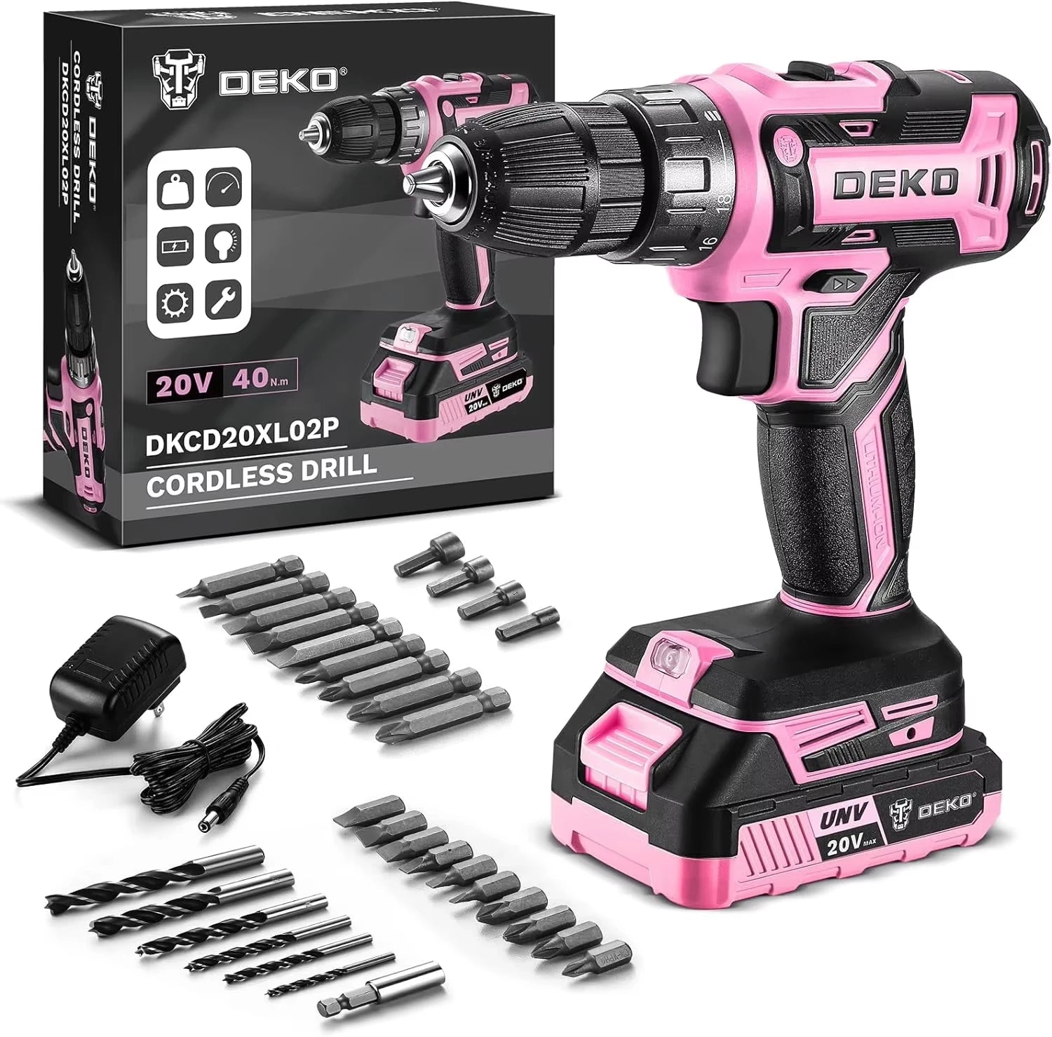 DEKO 20V Cordless Drill Driver Kit with Battery and Charger