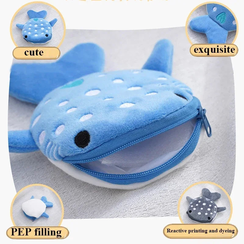 Fashion Cute Blue Shark Mini Whales Coin Purse Plush Zipper Coin Wallet Designer Women's Small Change Bag Key Earphone Pouch