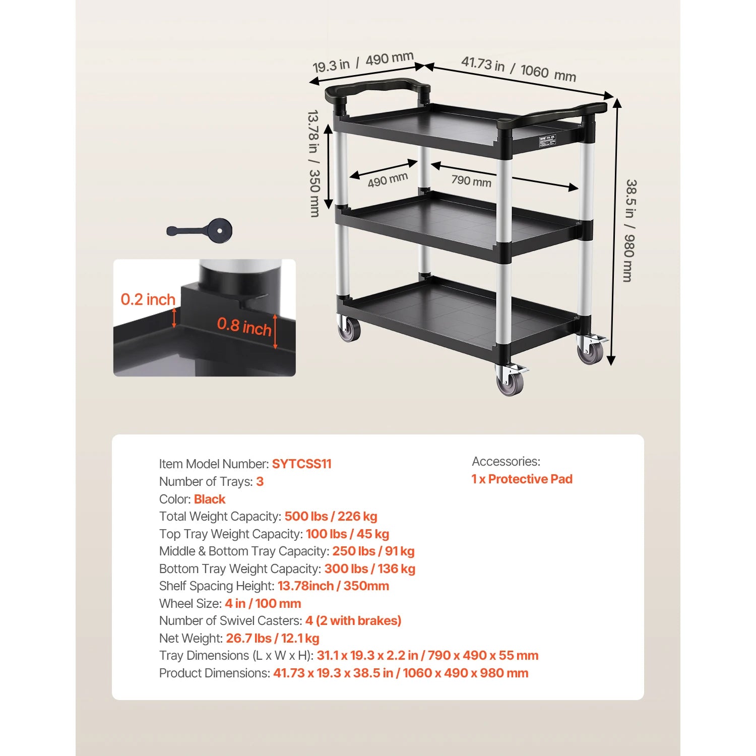 3-Tier Rolling Utility Cart with Wheels, Heavy-Duty Storage Trolley