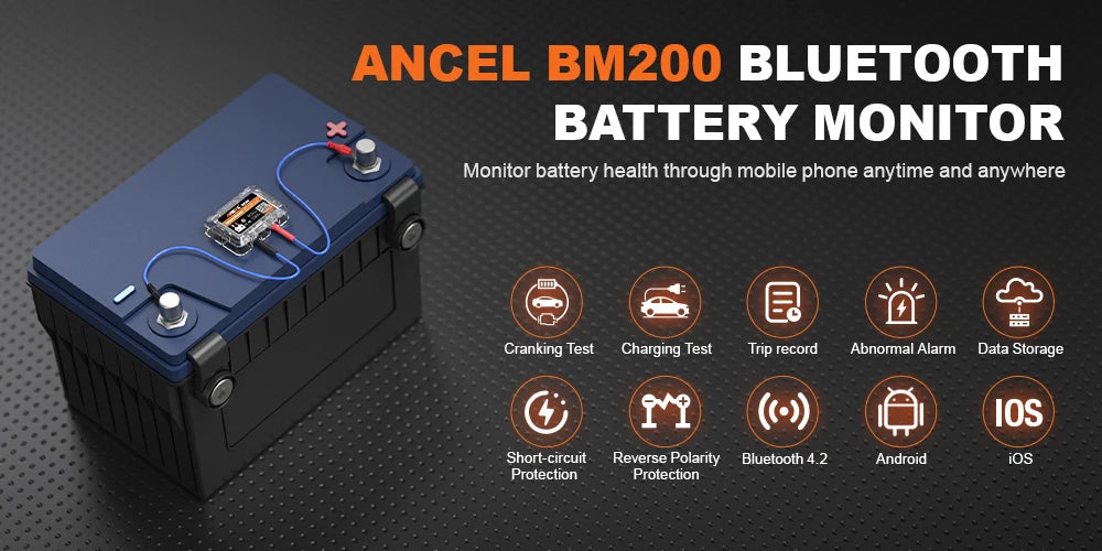 ANCEL BM200 12V Car Battery Monitor 12V Battery Health Monitoring Wireless Bluetooth 4.2 For Android IOS APP Battery Tester Tool
