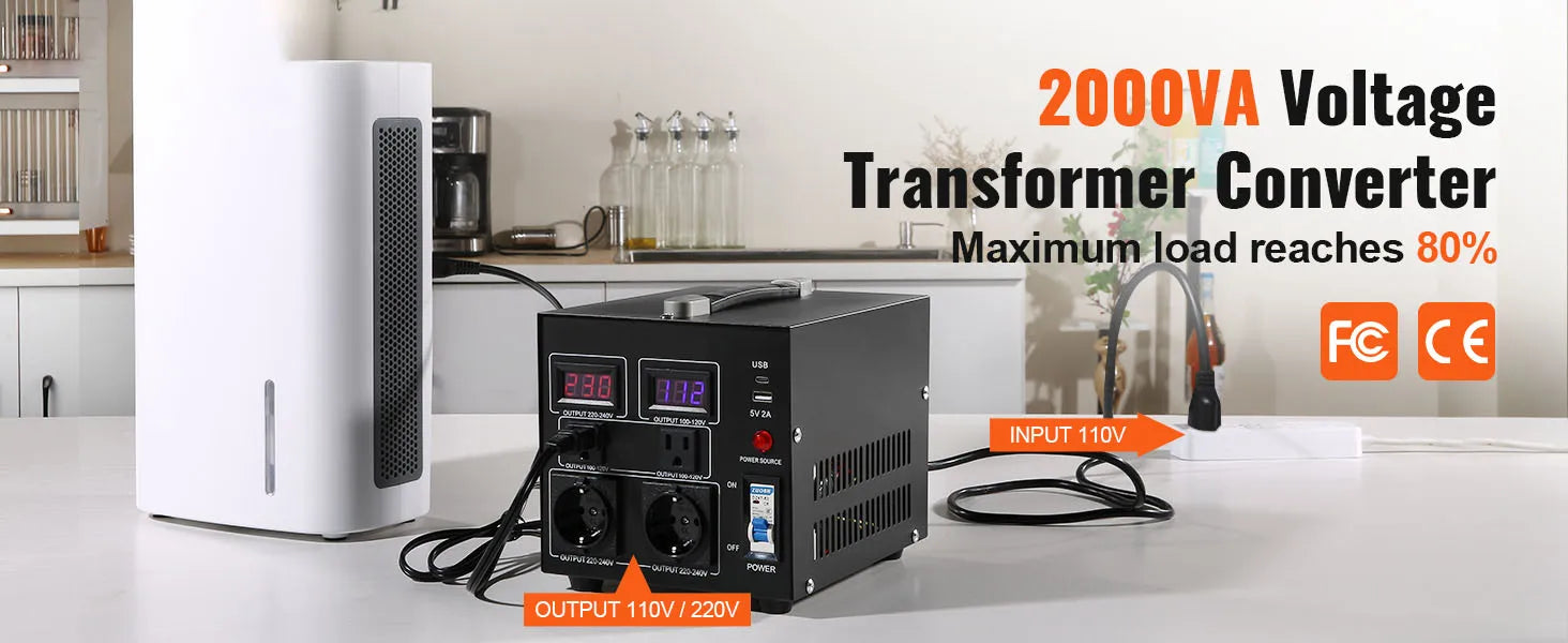 Step Up Down spanningsomvormer 2000VA–5000VA met USB- en EU/US-stopcontacten