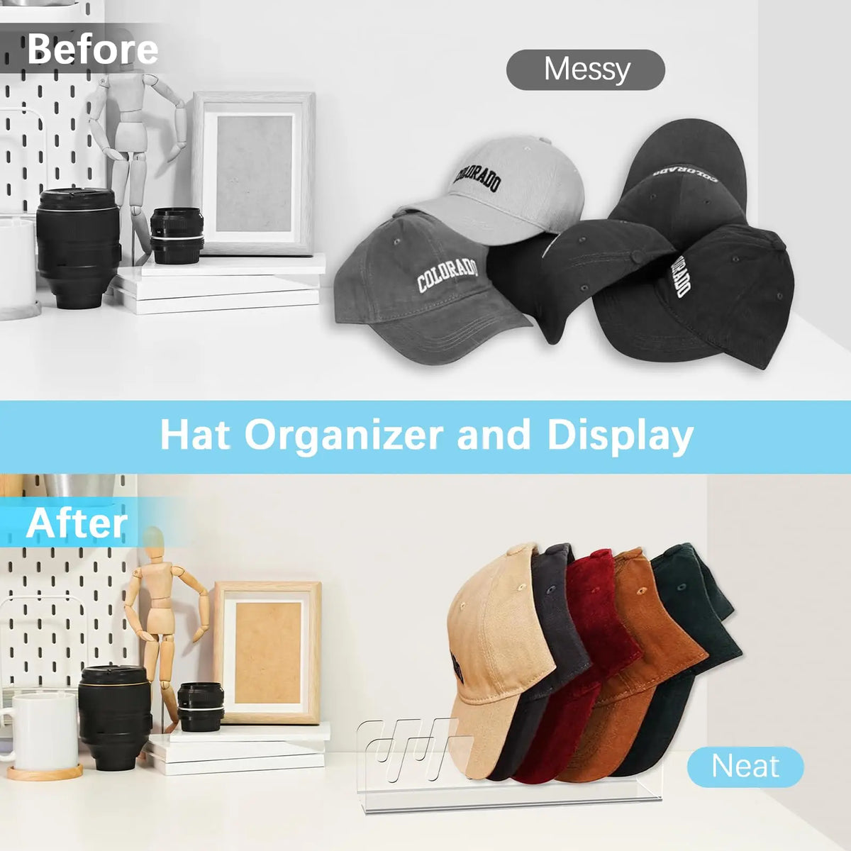Casquette de baseball, porte-casquette et rangement en acrylique, durable, pour chambre, placard, coiffeuse et présentoir de magasin