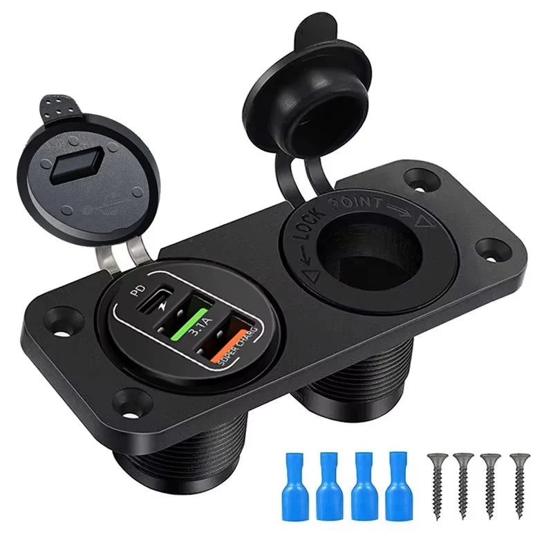 Waterproof Cigarette Lighter Outlet Quick Charge 3.0 12V/24V Dual USB Car Socket with LED Voltmeter Touch Switch for Car RV Boat