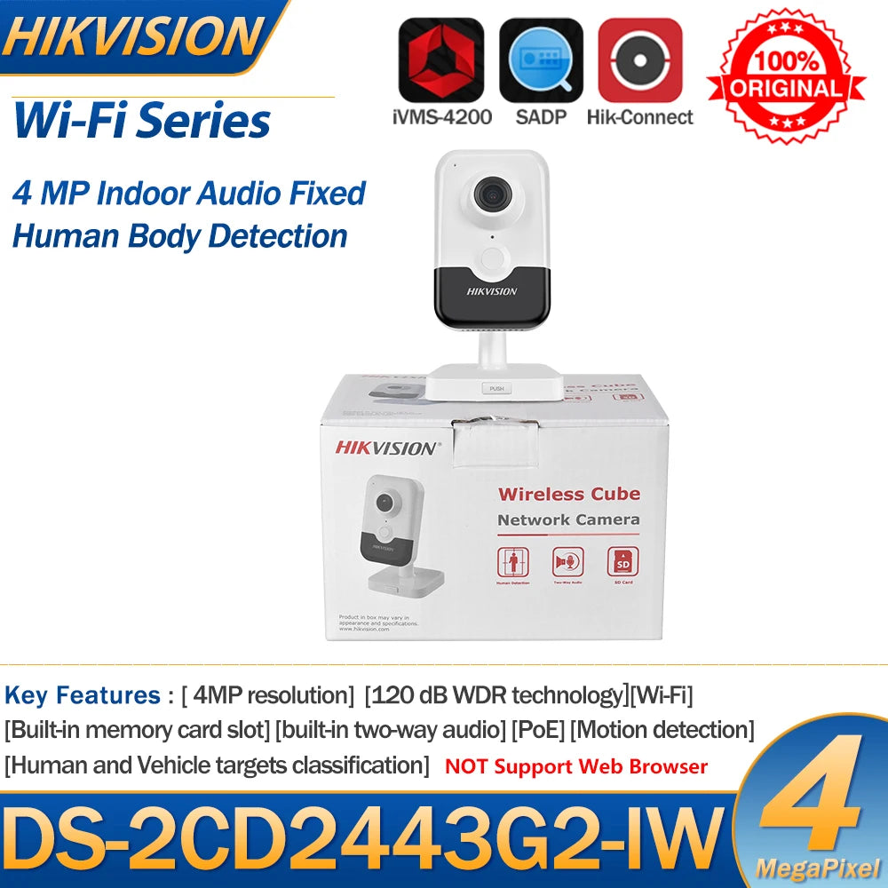 Hikvision 4MP Wi-Fi IP Camera DS-2CD2443G2-IW Indoor Human Body Detection Cube IR Network Camera PoE Two-way Audio SD Card Slot
