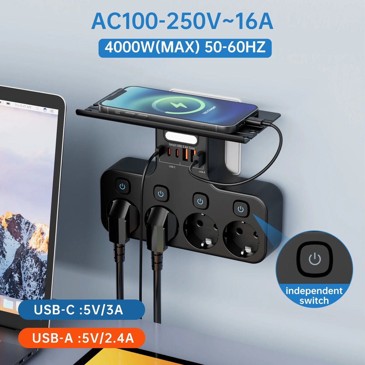 EU Switched Socket Adapter with USB-C