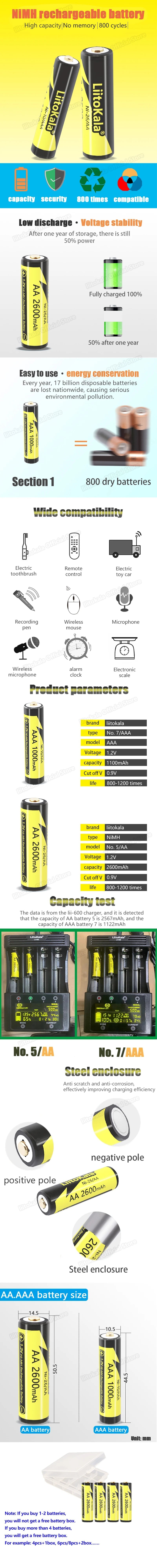 5-50PCS LiitoKala Ni-10/AAA 1.2V 1000mAh AAA NI-MH Rechargeable Batteries For Shaver Flashlight Camera NIMH Pre-charged Battery