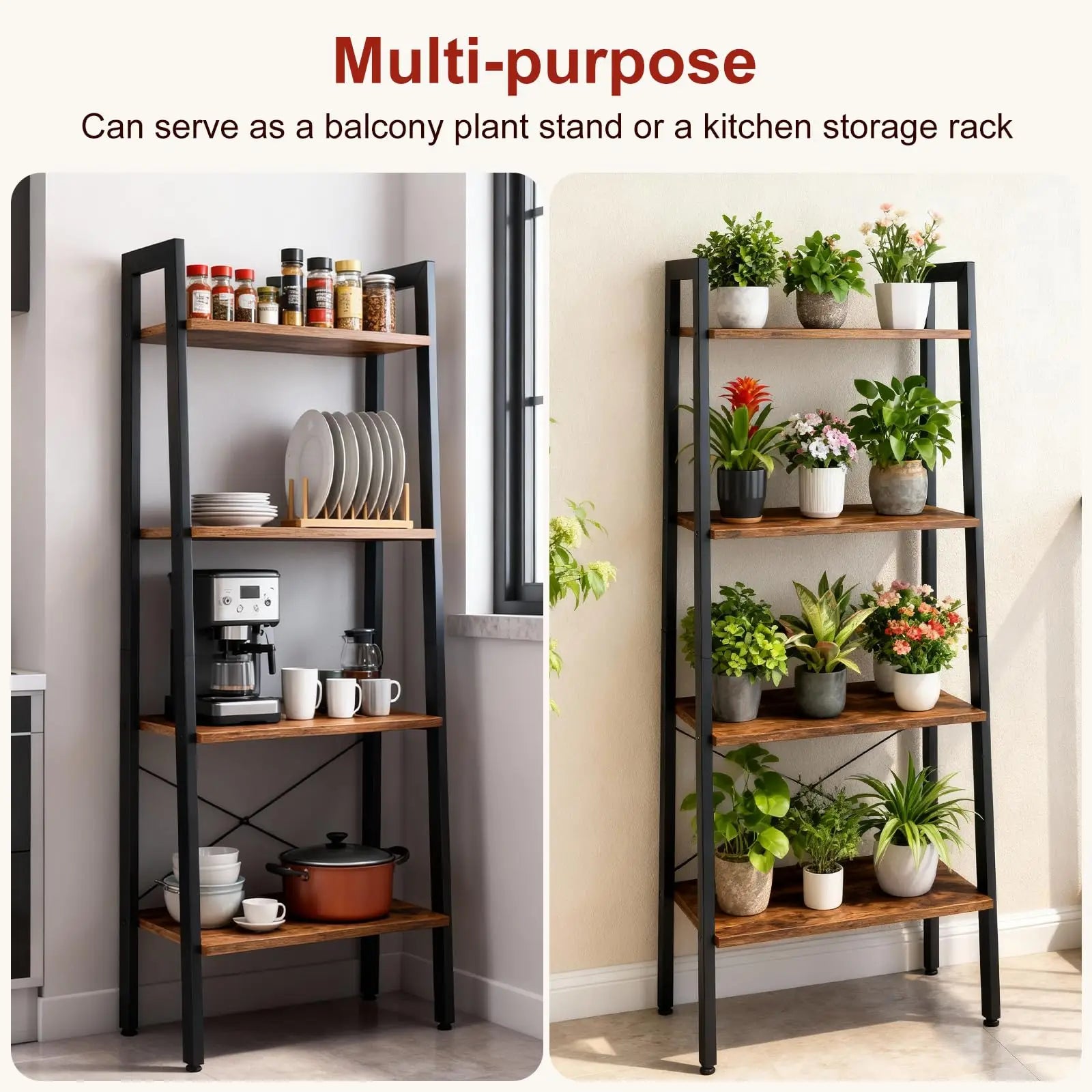 4-Tier Ladder Bookshelf with Wood Shelves and Metal Frame