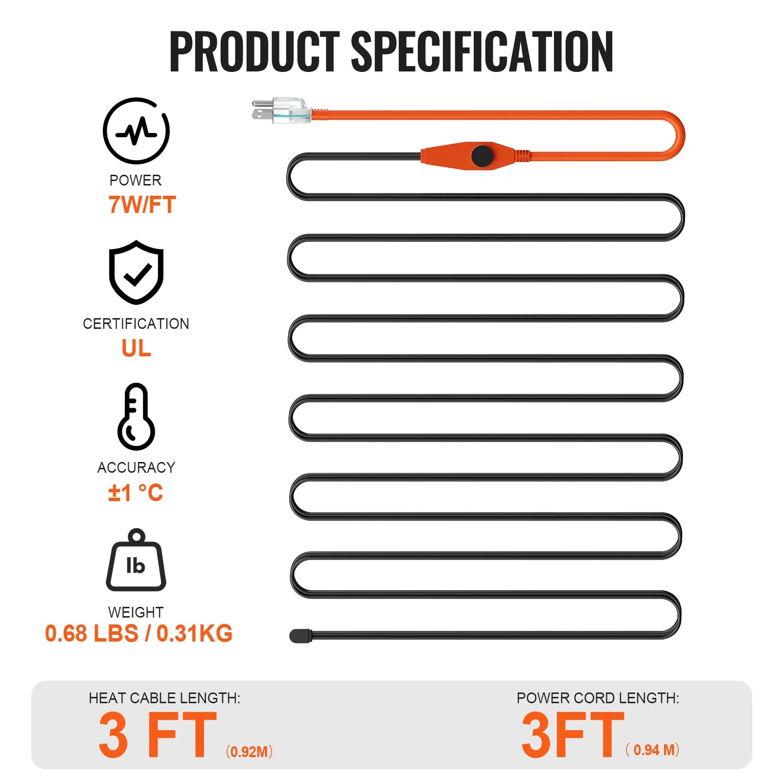 Cable calefactor para tuberías con cinta térmica para protección contra congelación (6FT–30FT)
