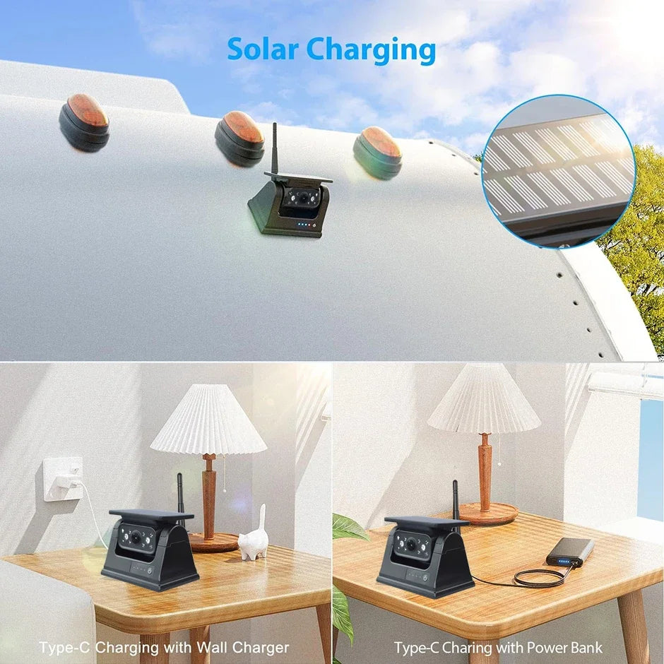 Wireless Solar Powered Energy Magnet Reverse Backup Camera with 5" Rear View Monitor for Camper Truck Trailer Pickups RV Lorry