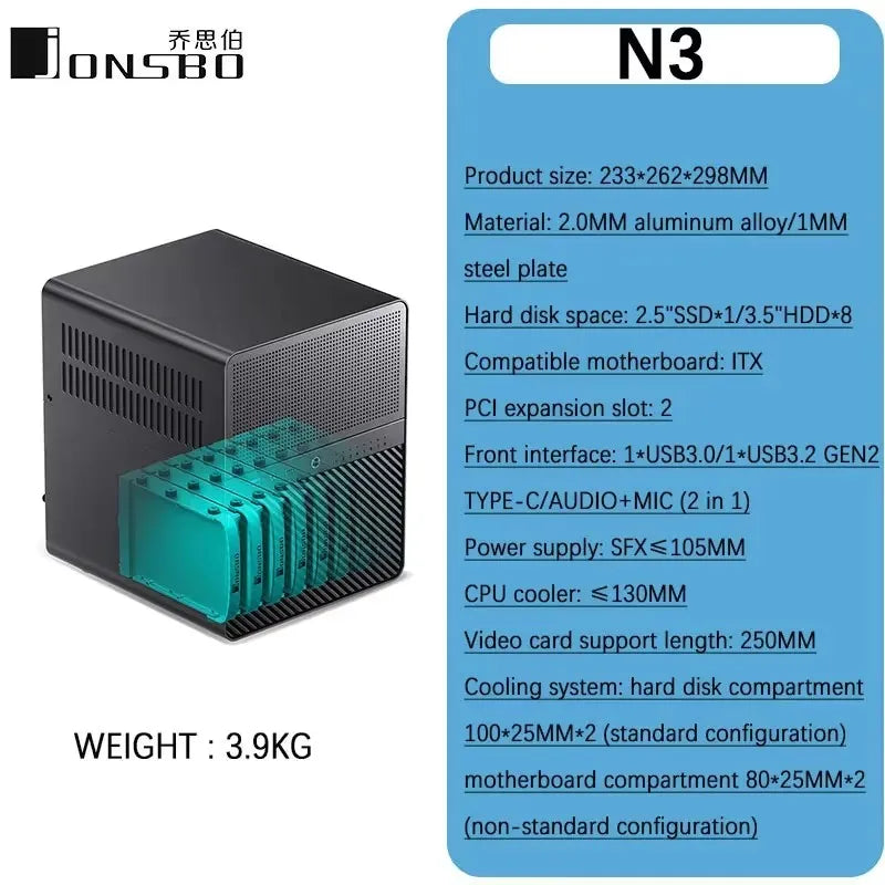 JONSBO N3 Mini NAS-chassi ITX Mini aluminium med stålplatta, stöd för 130 mm CPU-kylare, två 100×25 mm-fläktar ingår