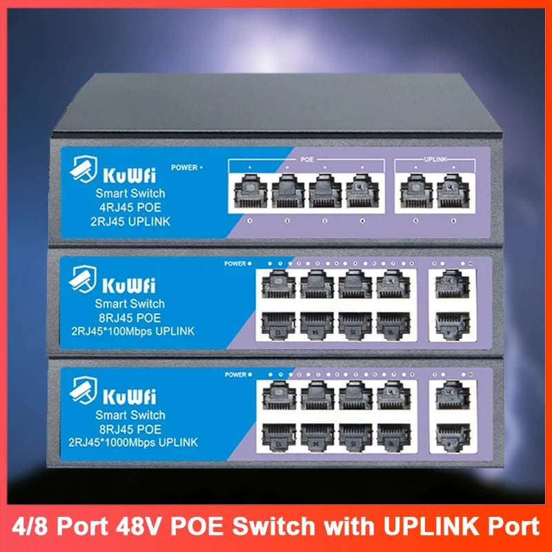 4/8Port POE Ethernet Switch 100Mbps 48V POE Network Switch with Fast RJ45 Uplink Port Support CCTV IP Camera Wireless AP Router