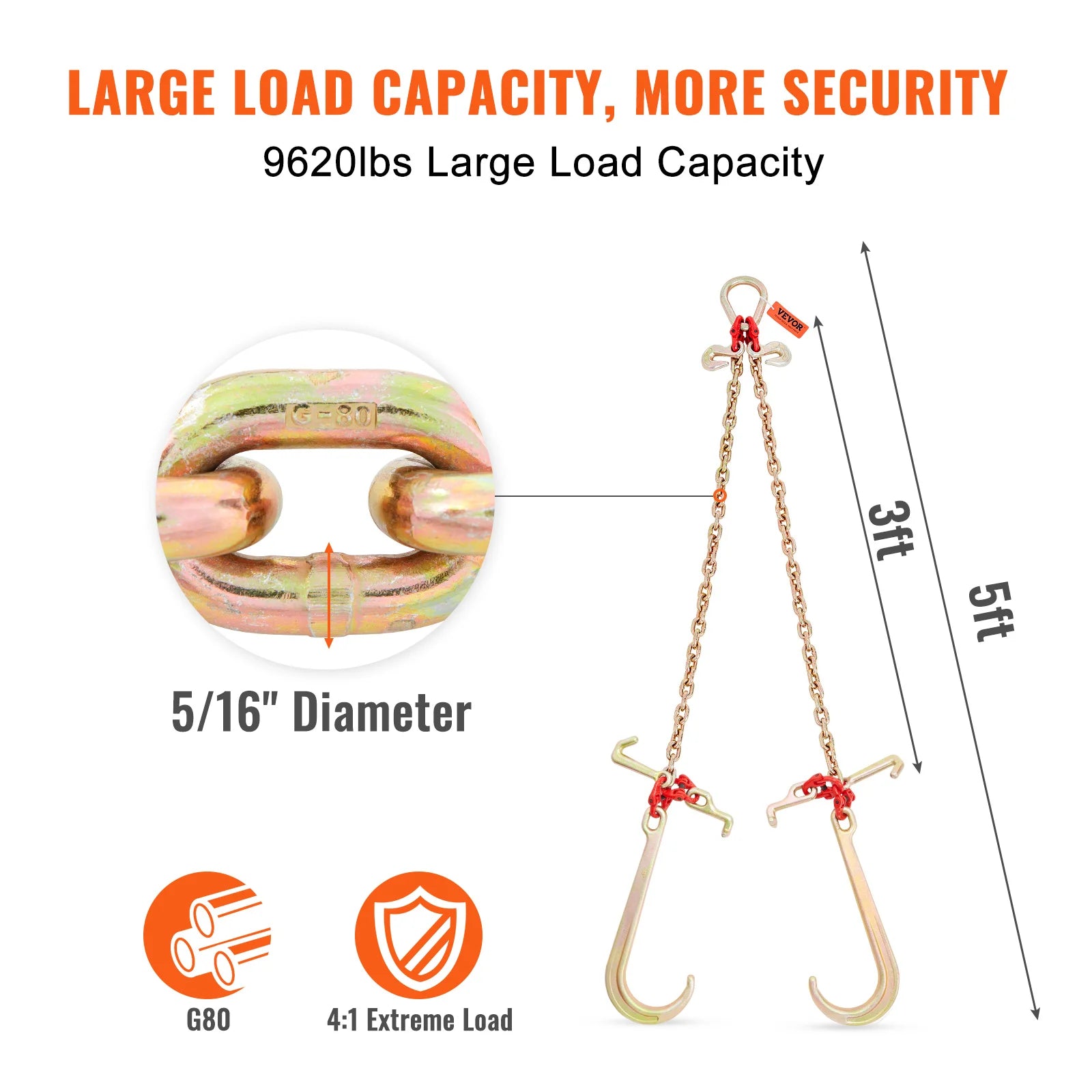 Grade 80 V-Chain Tow Bridle 5/16'' x 3' with Hooks & Shackle