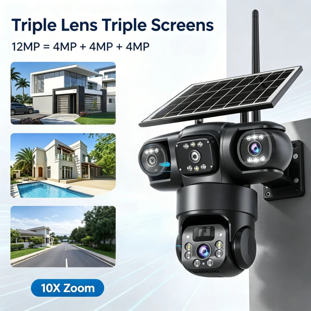 Solar PTZ Security Camera with Triple Lens and Triple Screens